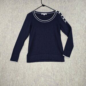 Ann Taylor Loft Navy Pullover Sweater With Button Shoulder & White Trim Accents